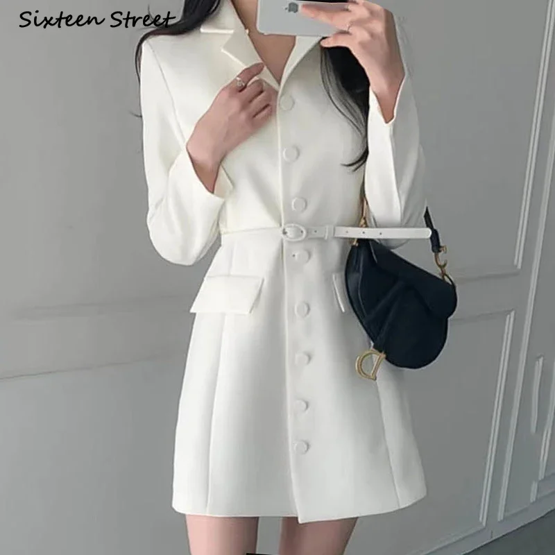 White Chic Blazer Dress Women Spring Turn-down Neck High Waist Bodycon Dress Office Ladies Business Korean Mini Dresses