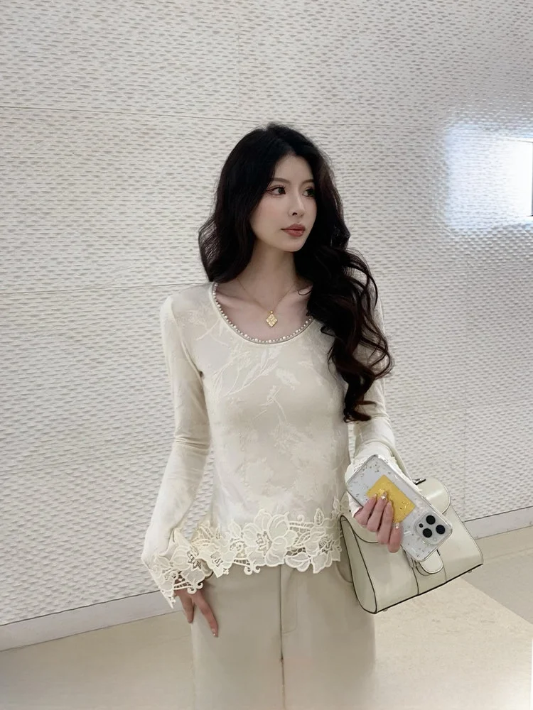 

KUN White Day Schumann Women's Knitted Slim Fit irt Beige Base Layer Top High End Feeling Spring New Sle Breathable Skin-...