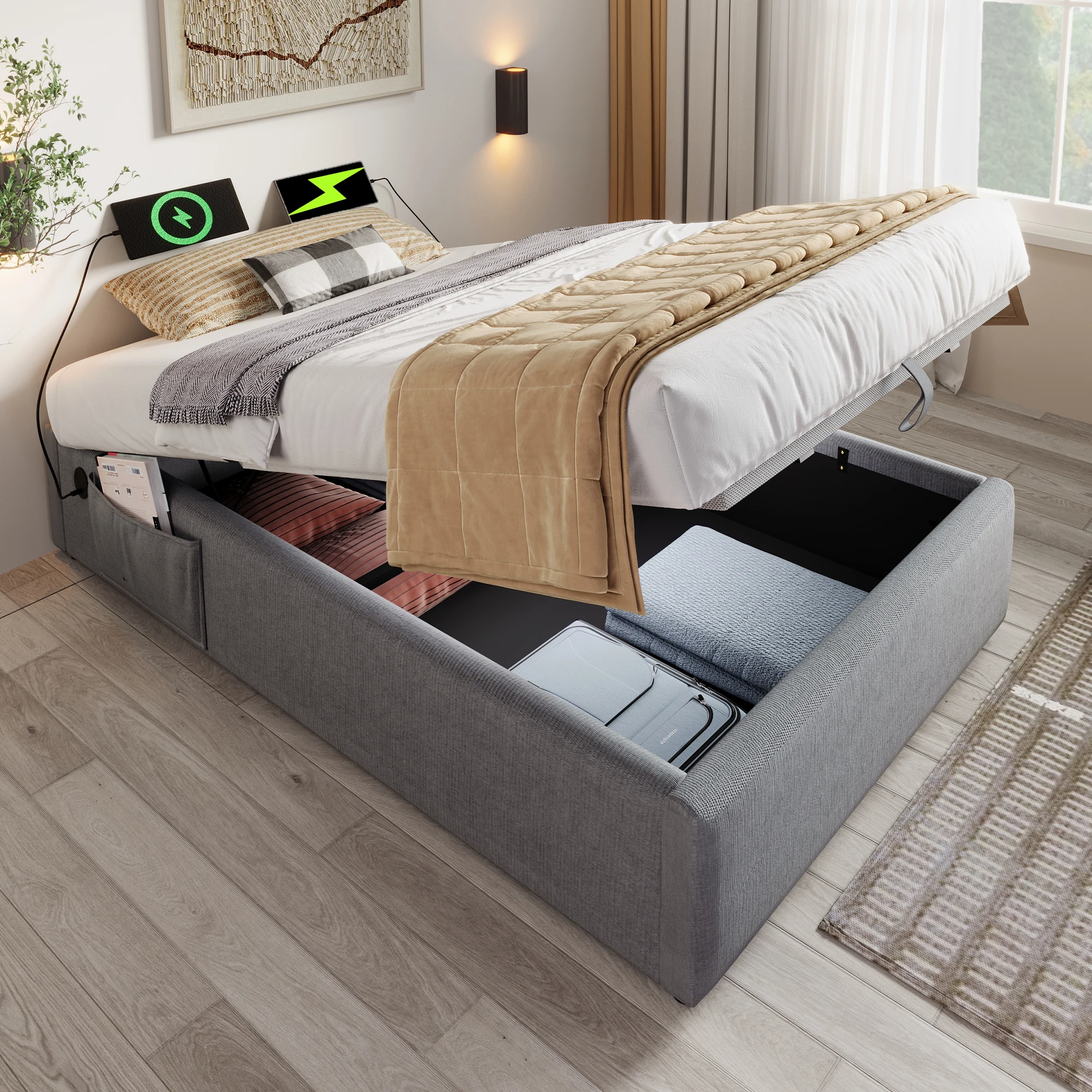 Lit coffre 90x190 cm - Lit simple avec USB-C et sommier à lattes - Métal Bois - Sans matelas - Gris
