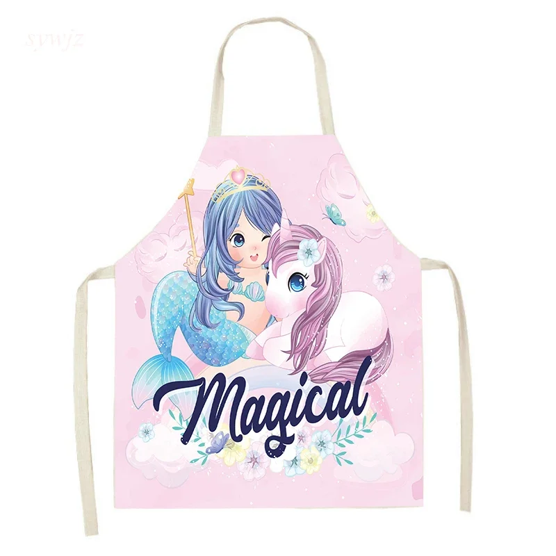 Cartoon Watercolor Unicorn Print Cute Girly Heart Pink Kitchen Sleeveless Cooking Apron Family Kitchen Parent-child Cooking Bib