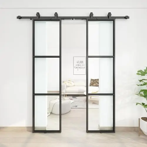 

JUBEST 42x84 in Double Barn Door with 7FT Hardware & Soft Close – 3-Panel Clear Glass with Carbon Steel Frame
