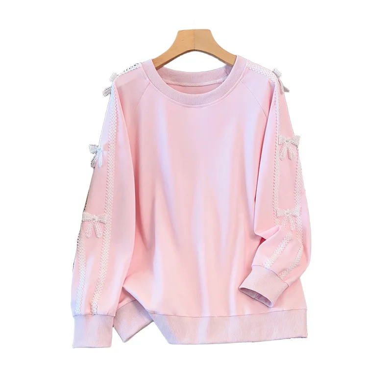 Picture 6: 175Kg Plus Size Women's Bust 170 Autumn Loose Round Neck Long Sleeved Lace Bow Sweatshirt Black Pink 4XL 5XL 6XL 7XL 8XL 9XL