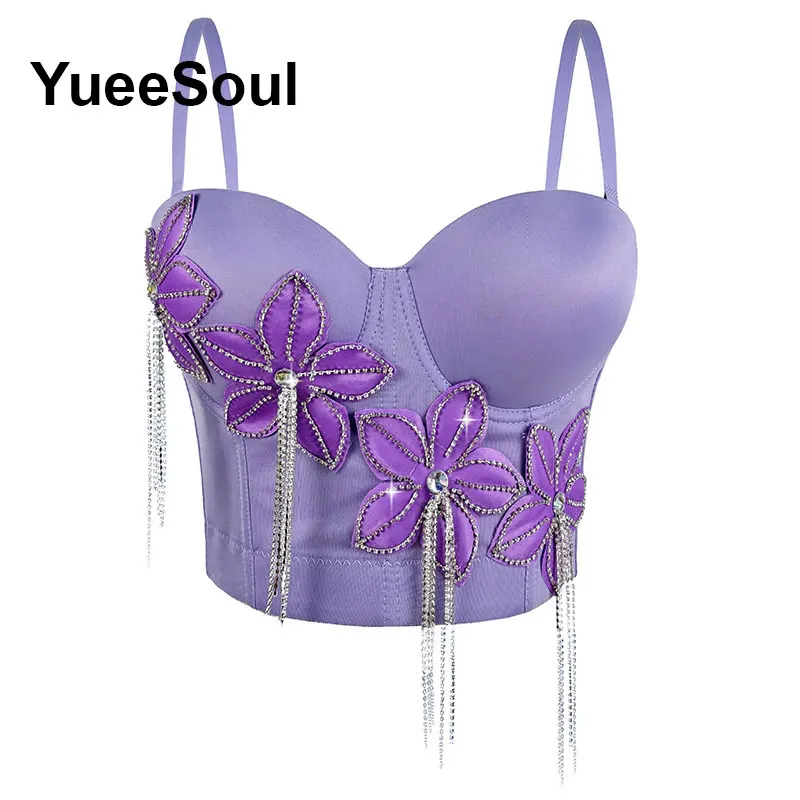 Purple Y2K Crop Tops Luxury Diamond Party Evening Corset Top 2026 Summer New Sweet Casual High Street Club Sexy Women Clothing