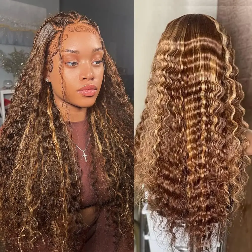 

13x4 HD Lace Front Wig 4/27 Highlight Human Hair Wigs Curly Ombre Colored Honey Blonde Deep Wave 13x6 Water Wave Wigs Glueless