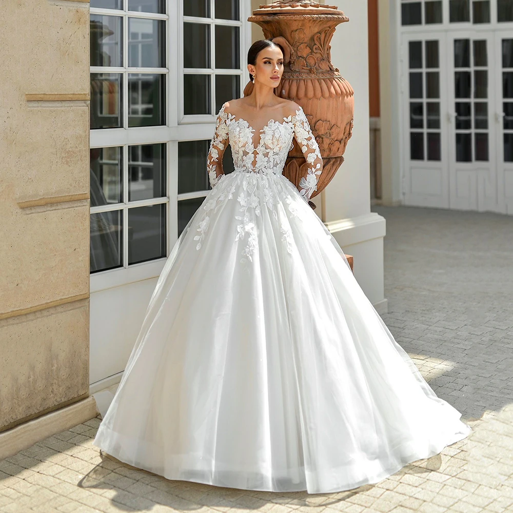 فستان زفاف فاخر بأكمام طويلة ورقبة على شكل V على شكل حرف a مزين بالدانتيل فستان عروس رسمي 2025 فستان زفاف فيستدو دي نويفا مخصص