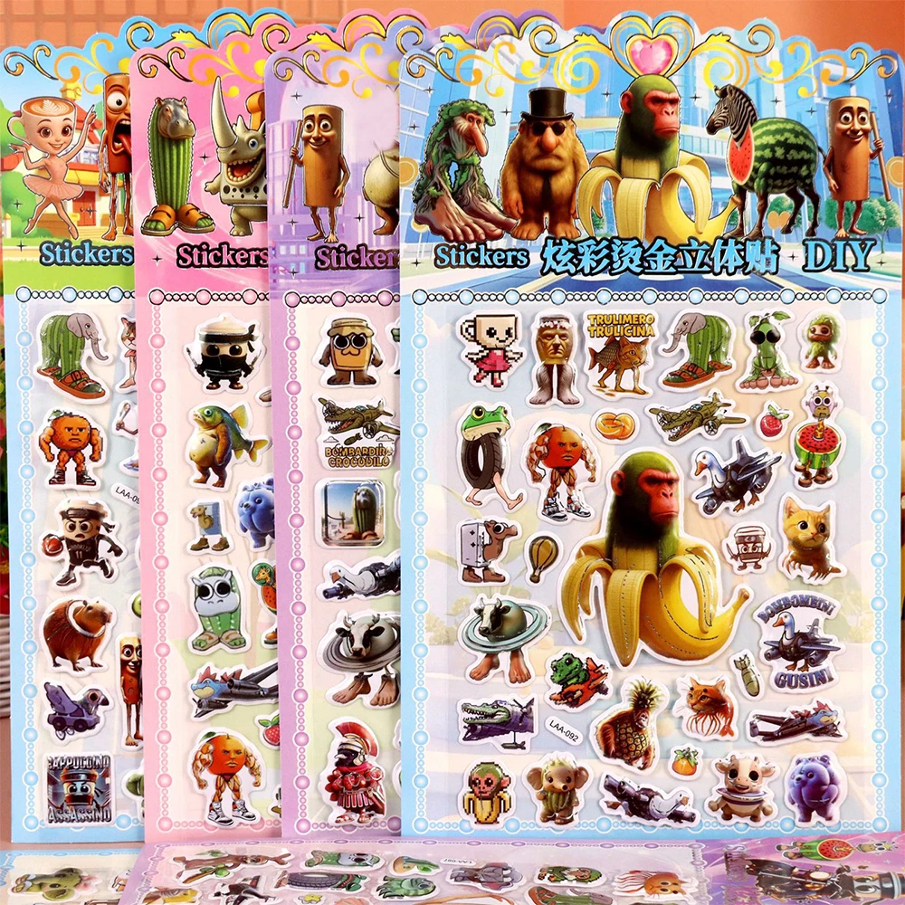 1/8pcs 더블 3D Tung Tung Sahur 버블 스티커 재미 있은 이탈리아 Brainrot 추상 동물 데칼 노트북 전화 장식 스티커