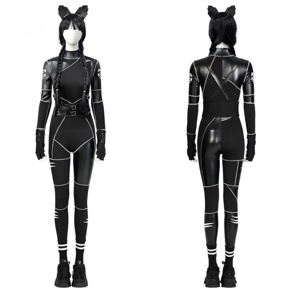 Wednesday Cat Costume Headwear Wednesday Addams Black Leather Jumpsuit Cosplay Bodysuit Halloween Party Dress Up Outfits