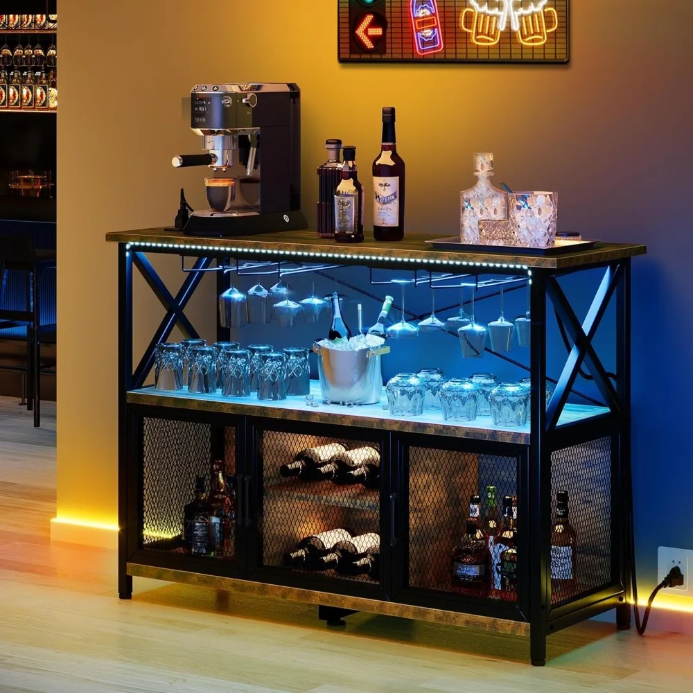 

47" Wine Cabinet with LED Lights, Bar Cabinet with Power Outlet, Bar Table Stand with Wine & Glasses Rack, Storage Cabinets, Ad