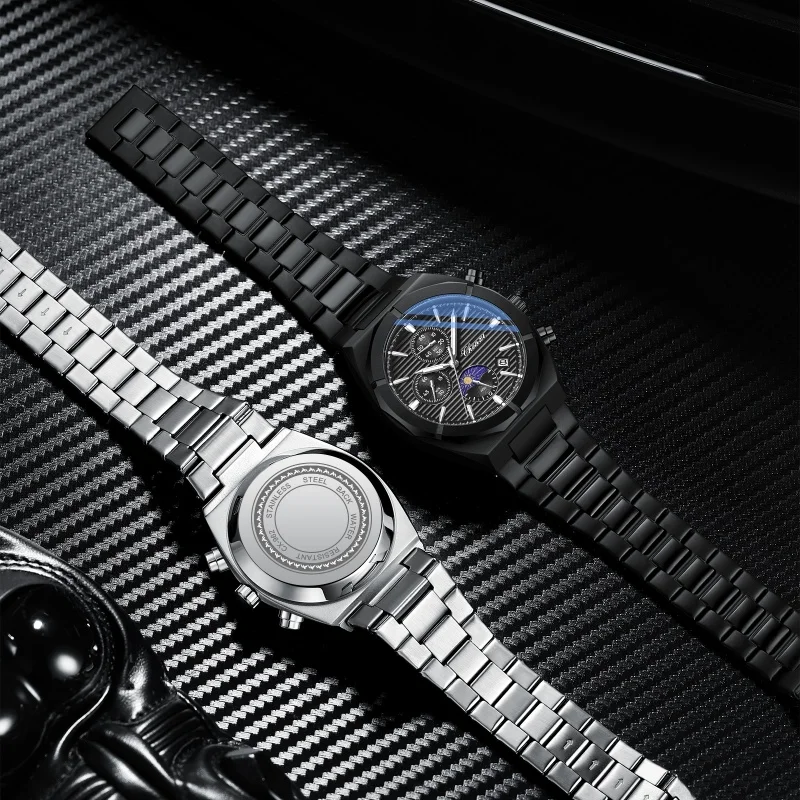 CHENXI 962 ساعة كوارتز رجالية متعددة الوظائف مرحلة القمر التقويم كرونوغراف مقاوم للماء حزام الفولاذ المقاوم للصدأ ساعات للرجال