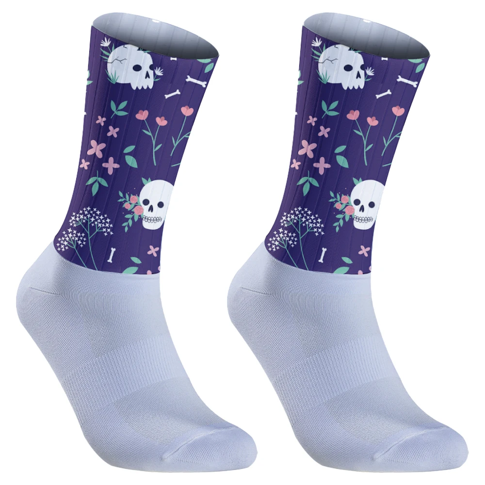 Calcetines deportivos de silicona antideslizantes para hombre, medias aerodinámicas con patrón de calavera para bicicleta, correr, Verano