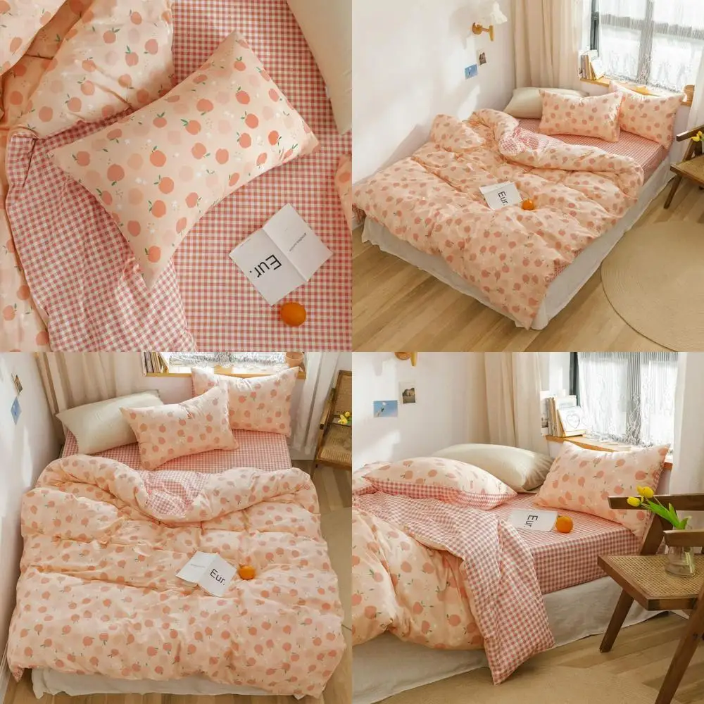 

Queen Size Cotton Duvet Cover Set with Pink Apple Cartoon for Kids, Reversible with Zipper and 2 Pillowcases