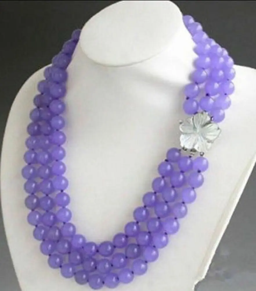 Natuarl 3 Rows 8mm Violet Jade Round Gemstone Beads Necklace 17-19''