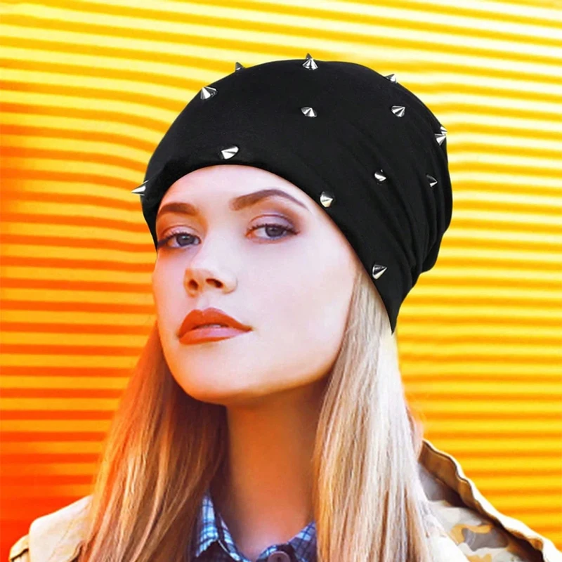1 Stück Gothic-Mütze Unisex Goth Beanie mit Nieten Rock Punk Hut mit Spikes für Männer und Frauen, Schwarz Grau, Y2K-Stil Leicht und Bequem – Detail 3