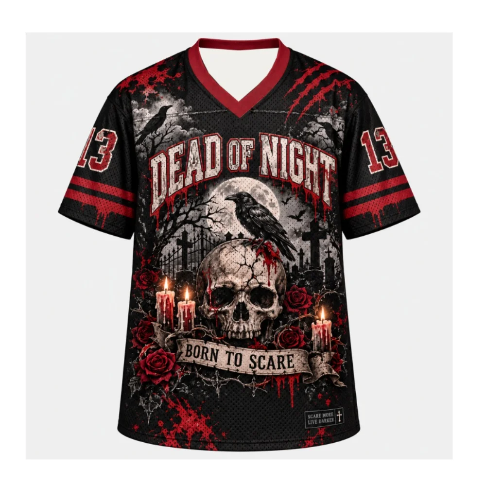 Dead Of Night 13 Halloween Oversized Mesh Jersey, Gothic Streetwear Top mit Horror-Schädel-Rabe-Rosen-Print, V-Ausschnitt, kurze Ärmel – Detail 4