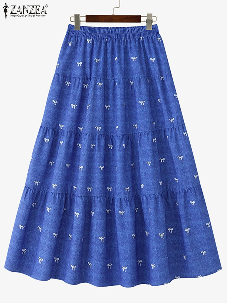 

ZANZEA Women Ruffled Maxi Skirts Casual Denim A-Line Overskirts 2025 Summer Bohemian Loose Ankle-Length Bottoms Oversized