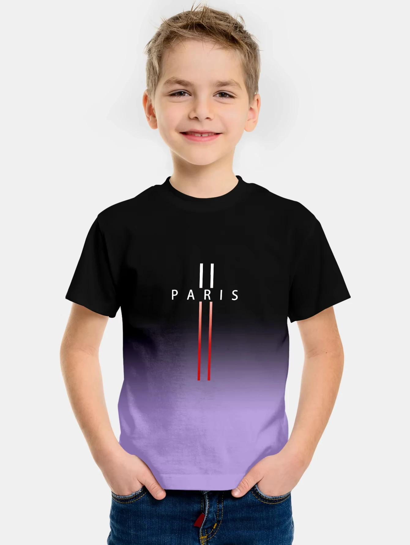 Kids Clothes Gradient Paris Printed T-Shirt Summer Outdoor Boys Girls 2-10Y Casual Short Sleeve Fashion Trend Street Child Top