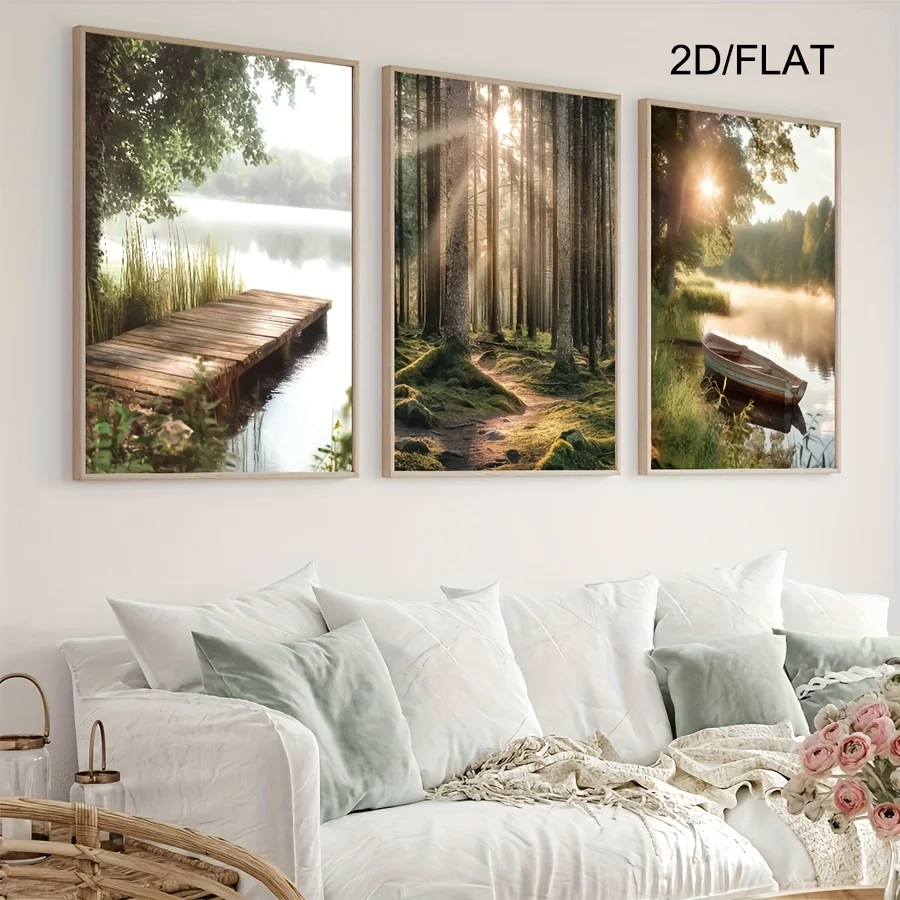 3pcs Set Modern Rustic Landscape Canvas Art Prints - Frameless Geometric Triptych Wall Posters - Serene Lake and Wooden Canoe Na