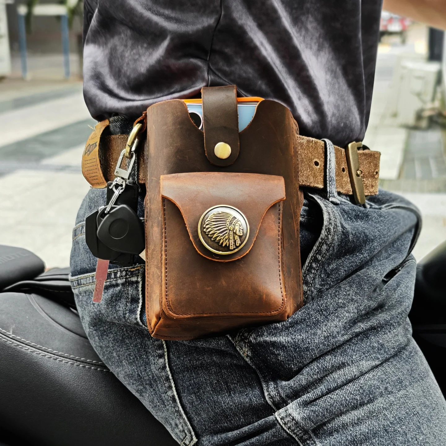 

Vintage Genuine Leather Waist Bag Cellphone Loop Holster Mens Belt Bag Phone Pouch Wallet Phone Case