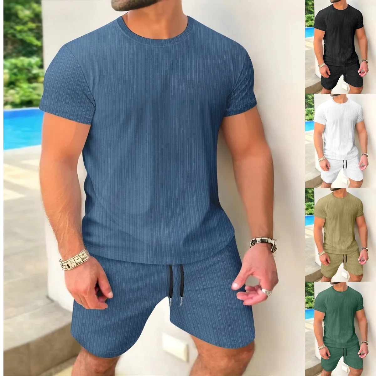 

Summer men's new solid-color set, vertical stripe texture, breathable, comfortable, relaxed, casual two-piece set