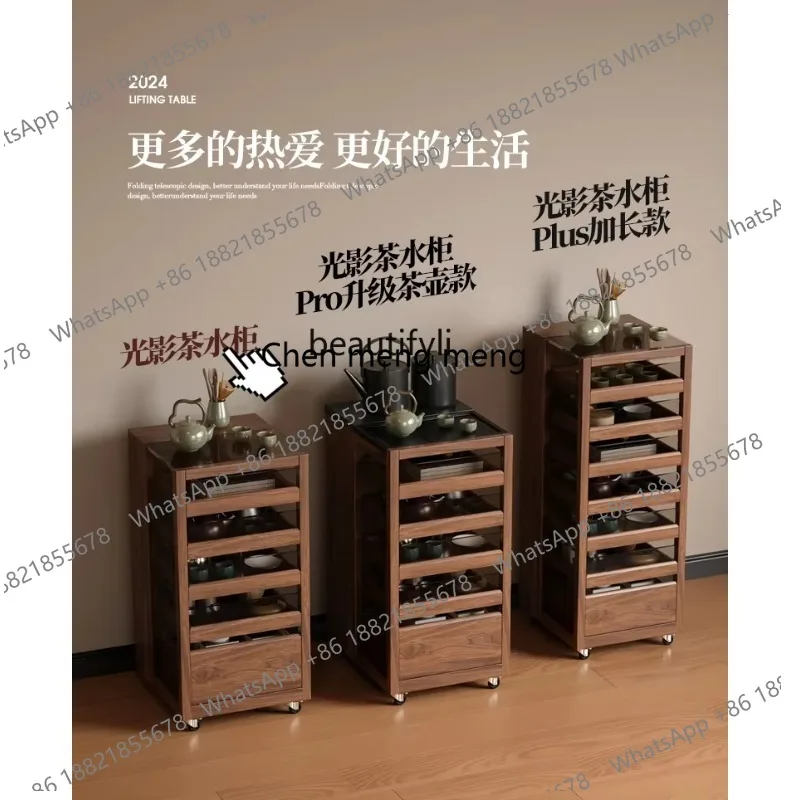 s8617 طقم شاي من الخشب الصلب خزانة عرض خزانة جانبية متحركة طاولة شاي من خشب الجوز الأسود خزانة شاي #3