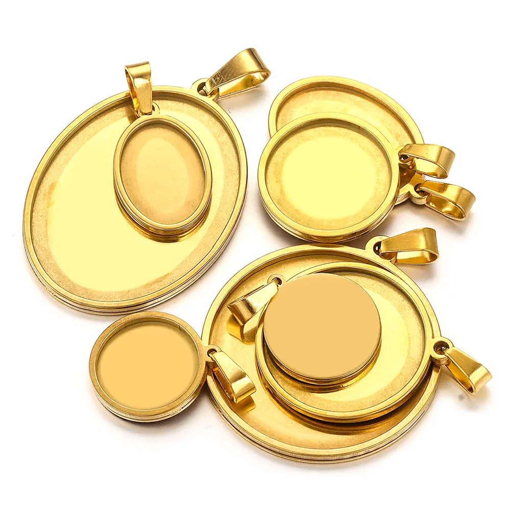 

5pcs Stainless Steel Cabochon Charms Gold Plated PVD No Fade Round Oval DIY Necklace Jewelry Making Craft Accessories Wholesale