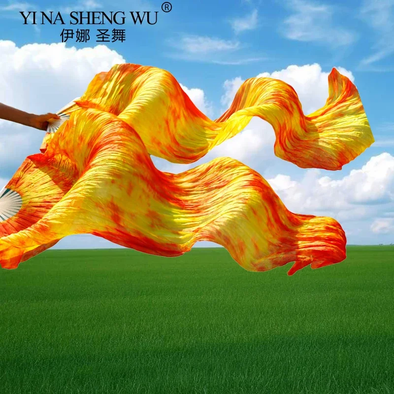 100% الحرير الرقص الشرقي مروحة الحجاب 2 قطعة اللون الأحمر الأصفر خلط مرحلة الأداء الرقص المشجعين النساء الفتيات الملحقات المهنية #3