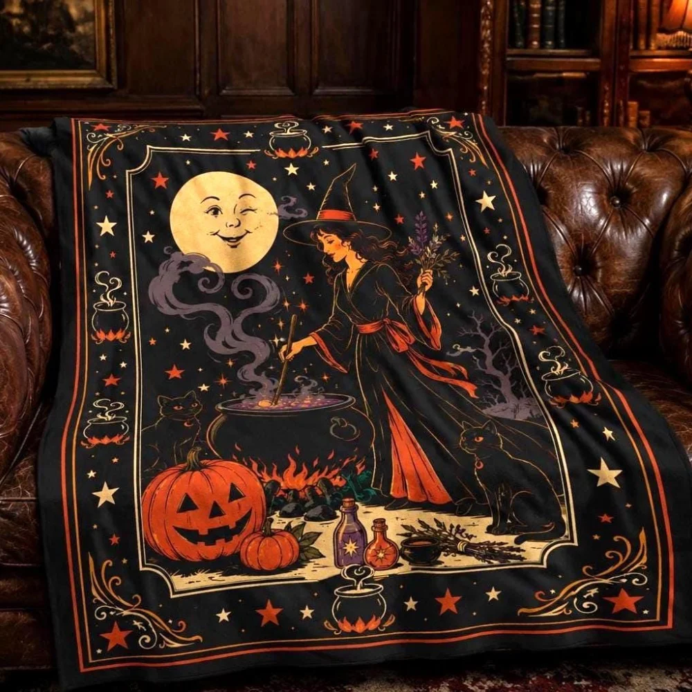 Vintage Witch Halloween Throw Blanket Retro Tarot Style Flannel Fleece Blanket with Black Cat Moon Pumpkin Cauldron for Home