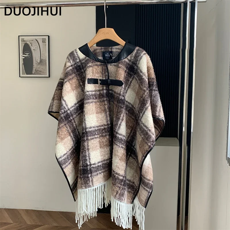 Duojihui klassische Kontrast farbe Mode lose Frauen Umhänge Winter neue vvintage Basic Plaid Chic Quasten einfache weiche weibliche Umhänge