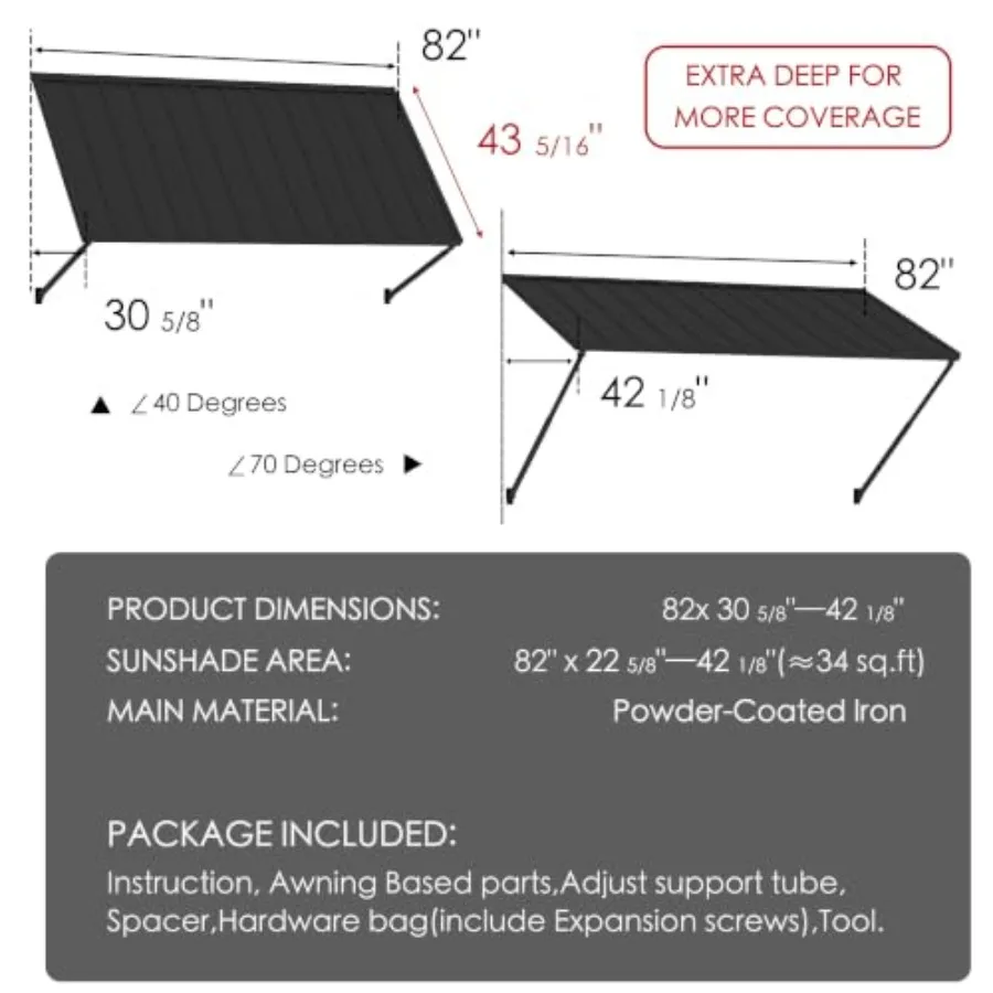 Adjustable Door Window Awning 4-Level Tilt, Aluminum Frame