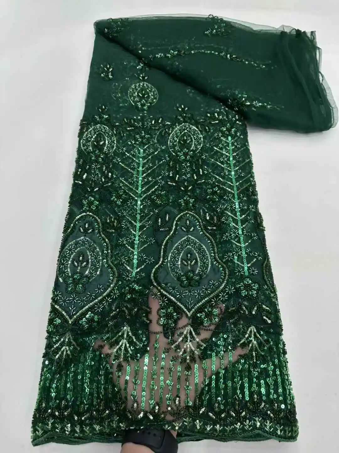 

Fashion Green Lace Fabric 2026 High Quality Mesh Sequins Embroidery French Nigerian Beaded Lace Fabrics For Bridal Wedding Dress