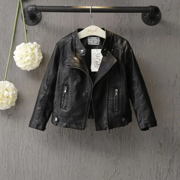 2025  Girls Boys Black Pu Zipper Jackets Kids Baby Leather Jacket Cool Coat Children Clothes Overcoats Spring Autumn 2-14T