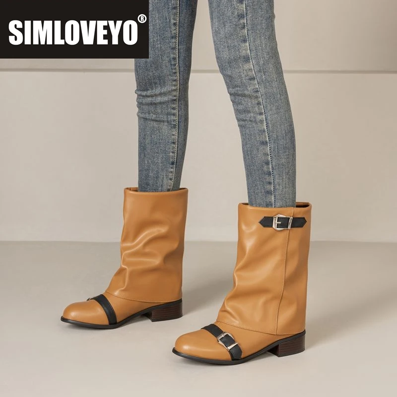 

SIMLOVEYO Ретро женские ботинки на блочном каблуке 3,5 см, слипоны с пряжкой на ремне, большой размер 41 42 43 44 45 46 47 US16 Брюки до середины икры Ботильоны