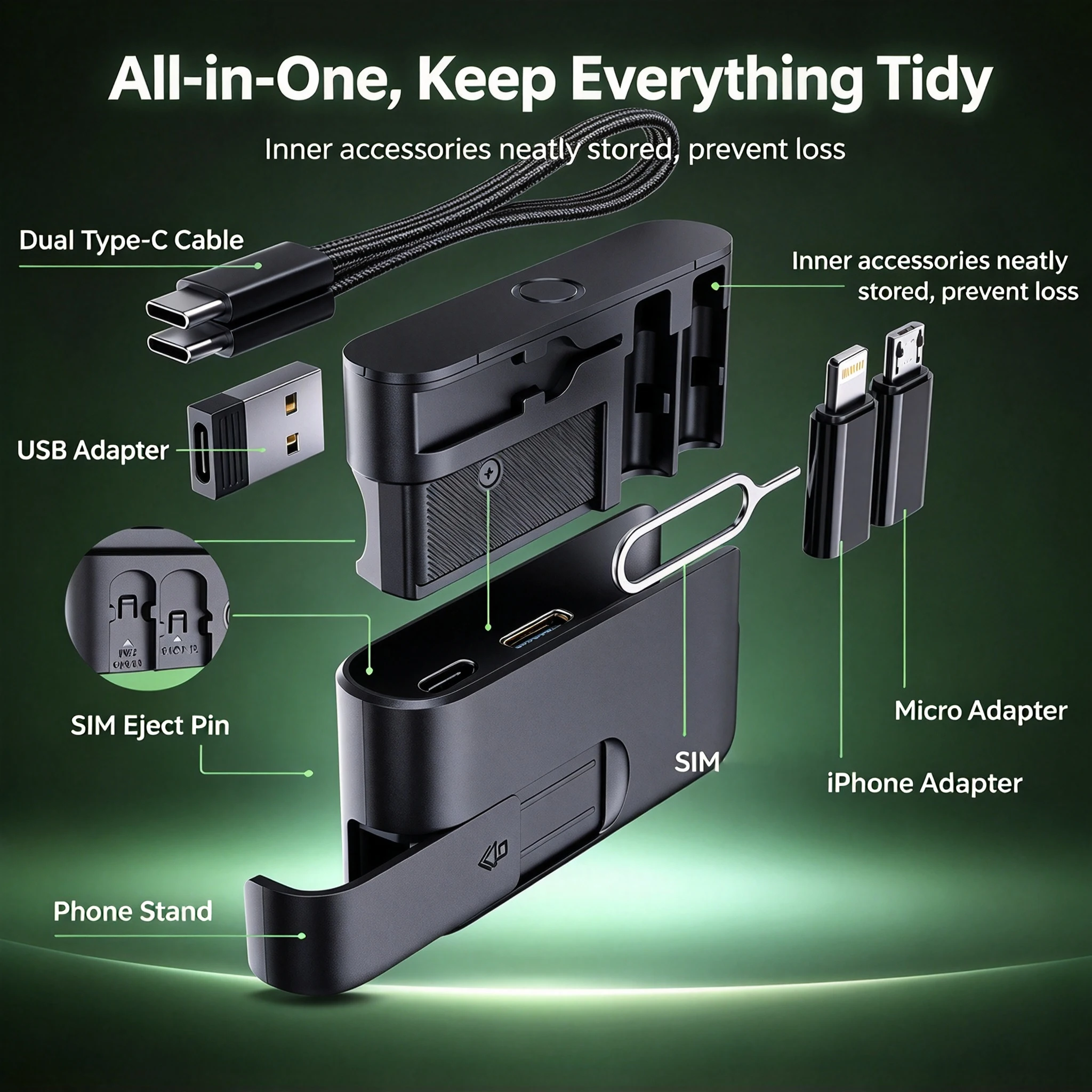 7 in 1 Multi Function Cable Storage Box 65W Fast Charging Type C Adapter Kit Phone Stand SIM Card Pin for iPhone Samsung
