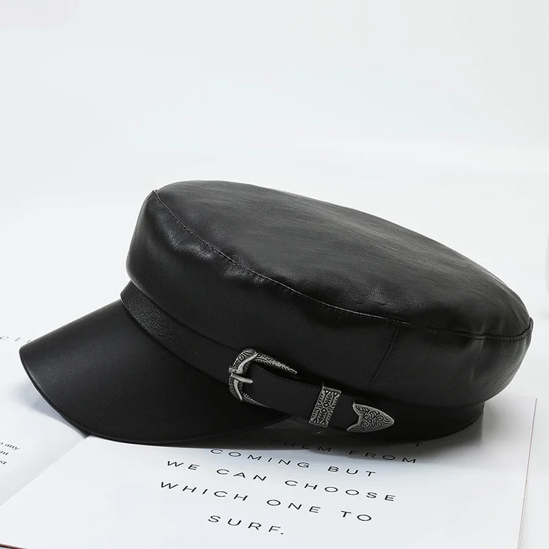 Y Demo Casual Punk Strap Buckle Newsboy Cap Fashipn Women Faux Leather Octagonal Hat