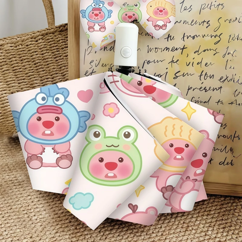Niedlicher Biber Loopy Automatik-Regenschirm Cartoon Anime Merchandise Kawaii Mädchen Outdoor Tragbarer Faltbarer Sonnenschutz UV-Schirm Geschenk