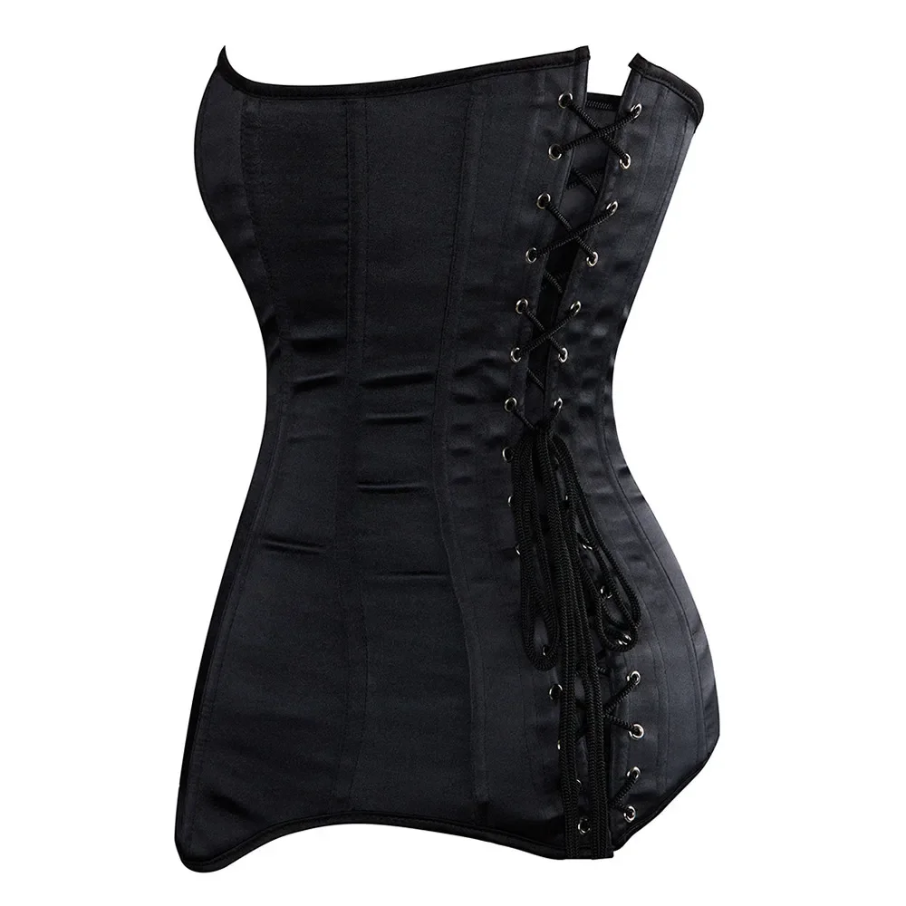 Women Sexy Corset Gothic Long Torso Corsets Satin Black Overbust Waist Training Bustier Shapewear Cincher Plus Size Corselet