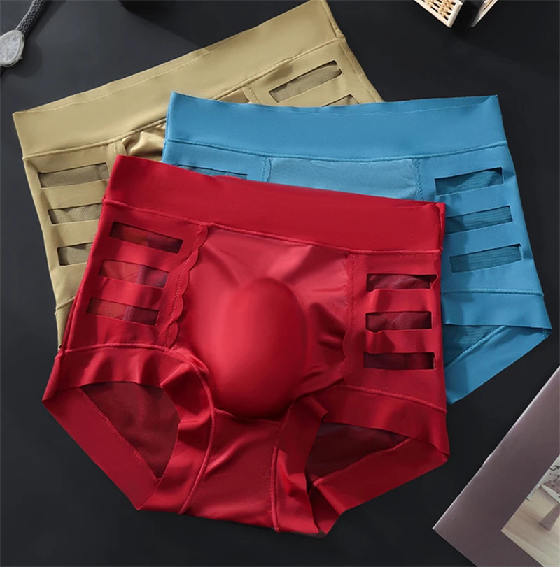 Ice silk men underwear adults 18 plus cuecas masculina 3D convex bag sexy for guys gay cueca hollow out calzoncillos hombre new