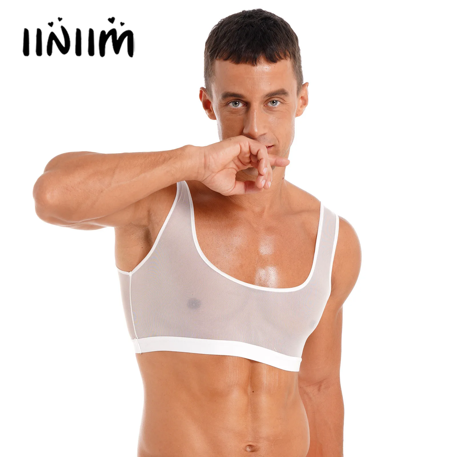 Mens See Through Mesh Tank Top Sleeveless Crop Tops Sport Workout Fitness Transparent Bodybuilding U Neck Vest Tops