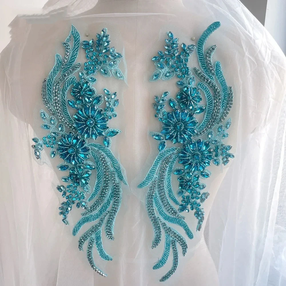 1Pair. Colorful Hand-sewn Glass Drill Mirror Flowers Sparkling Rhinestone Coats Waistbands Shoulders Wedding Dress DIY Patch