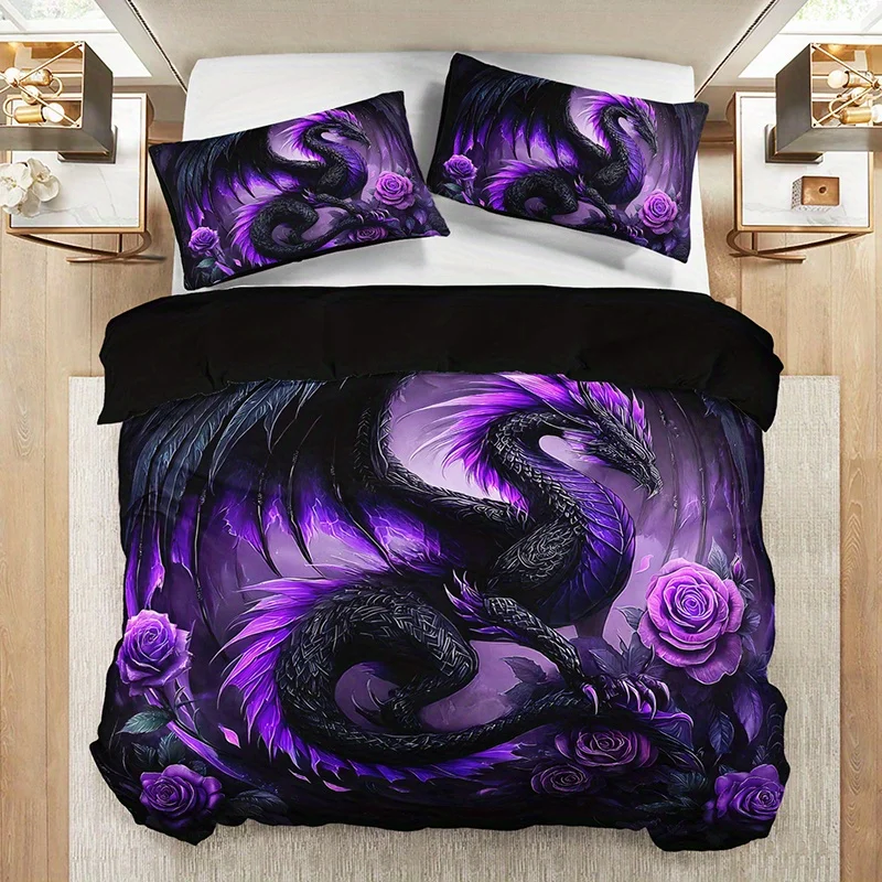 Immagine 3: Set di Biancheria da Letto con Drago Viola Scuro e Rosa, Stampa ad Alta Definizione, Stile Gotico Misterioso e Romantico per Camera da Letto