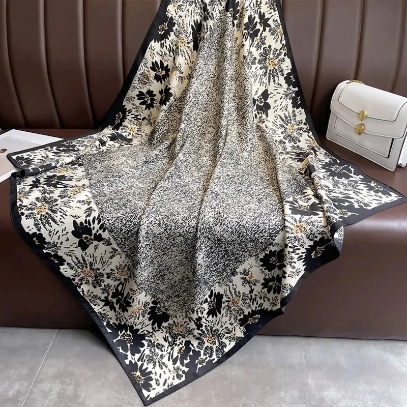 Print Twill Silk 90cm Square Scarf Women Luxury Floral Hair Neckerchief Shawl Wraps Bandanda Hijab Foulard Head Band Echarpe