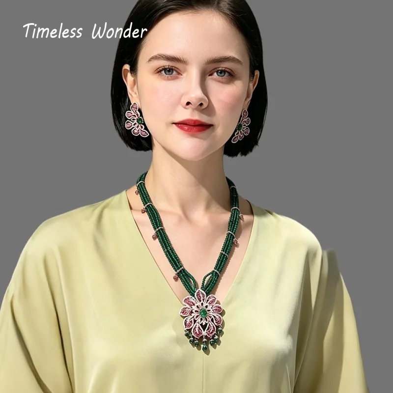 Timeless Wonder Fancy Zircon Geo Beaded Floral Pave Necklace Stud Earrings Women Designer Jewelry Set Sweet Top Rare Classy 4612