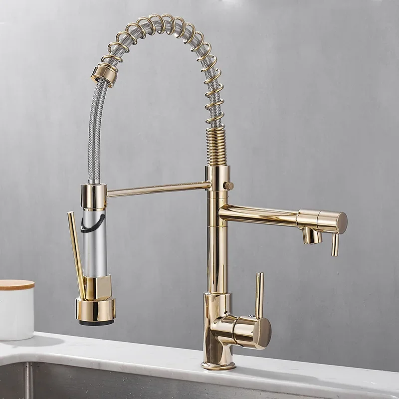 gold stainless steel kitchen faucet cold and hot water mixers single hole 360 rotating spring taps kitchen sink faucets