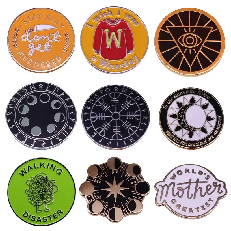 

Round Arts Cartoon Metal Enamel Brooch Magic Clothes Quotations Lapel Badge Hoodie Backpack Hat Pin Decorative Accessories