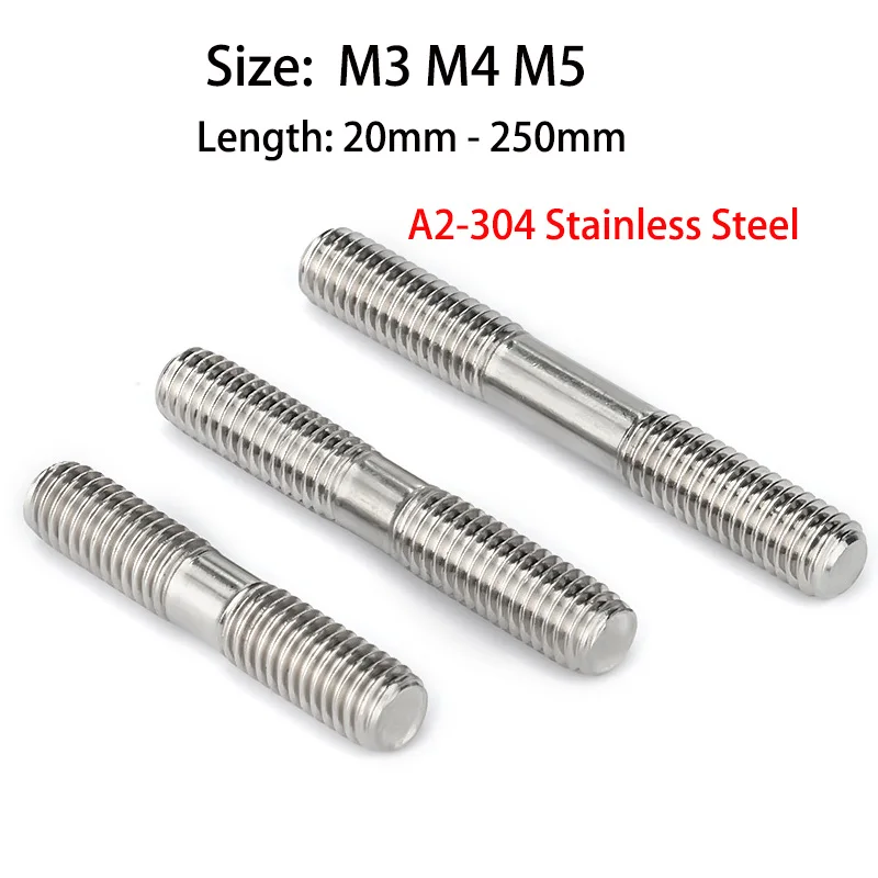 3/5/10pcs M3 M4 M5 Stud Bolts Screw Rod Tooth Stick Double Head Srod Bolt 304 Stainless Steel Thread 20mm - 250mm