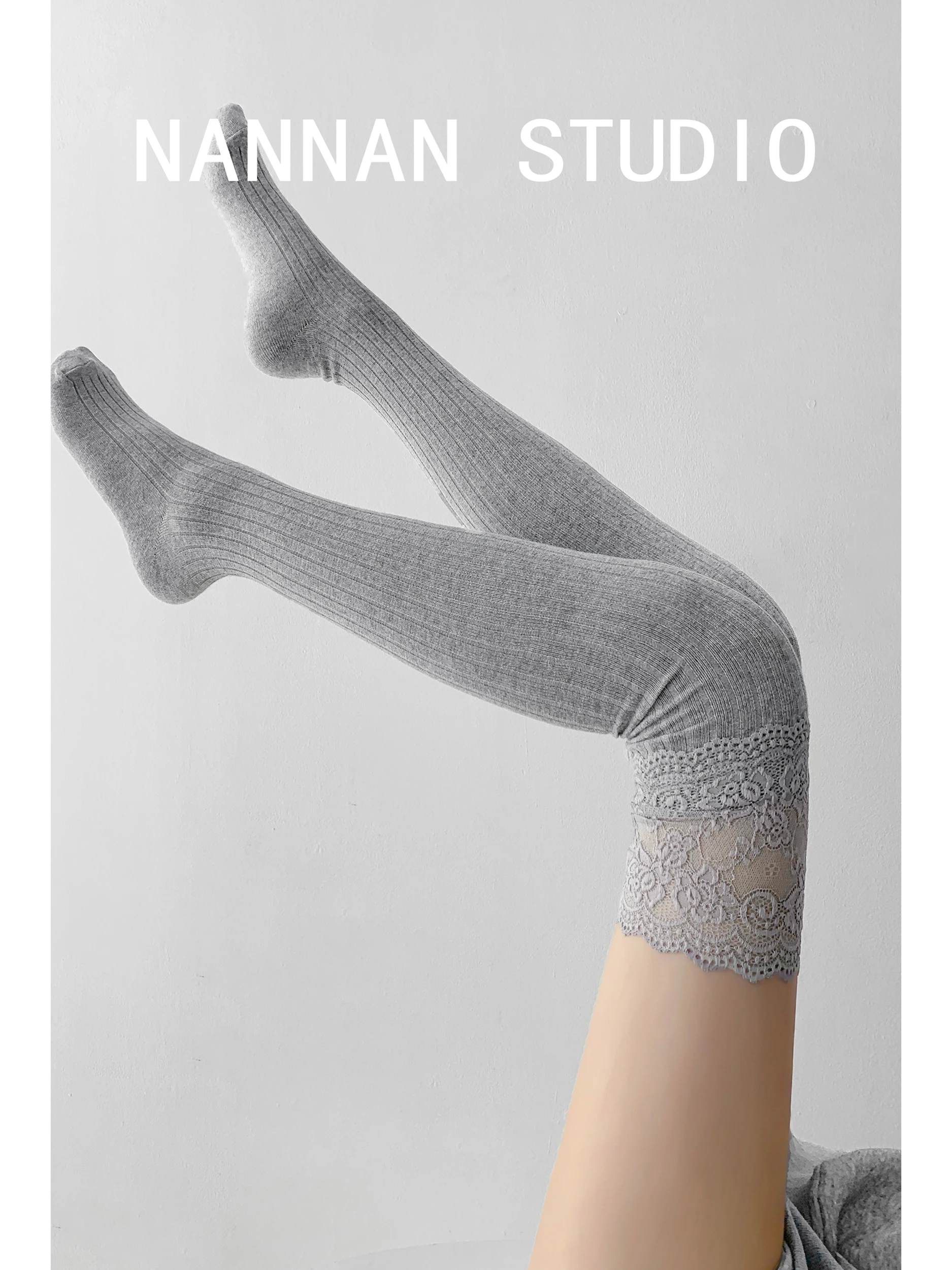 Sexy High Waist Knitted Long Tube Socks Women's over Knee Lace Splicing Knit Leggings Autumn Spring Vertical Stripe Pattern