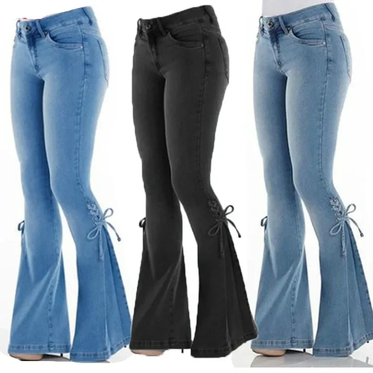 

Full Length Flare Pants Women Jean Washed Denim Pants Zipper Fly Loose Fit Pockets High Waist Basics Lace Up Vintage Solid