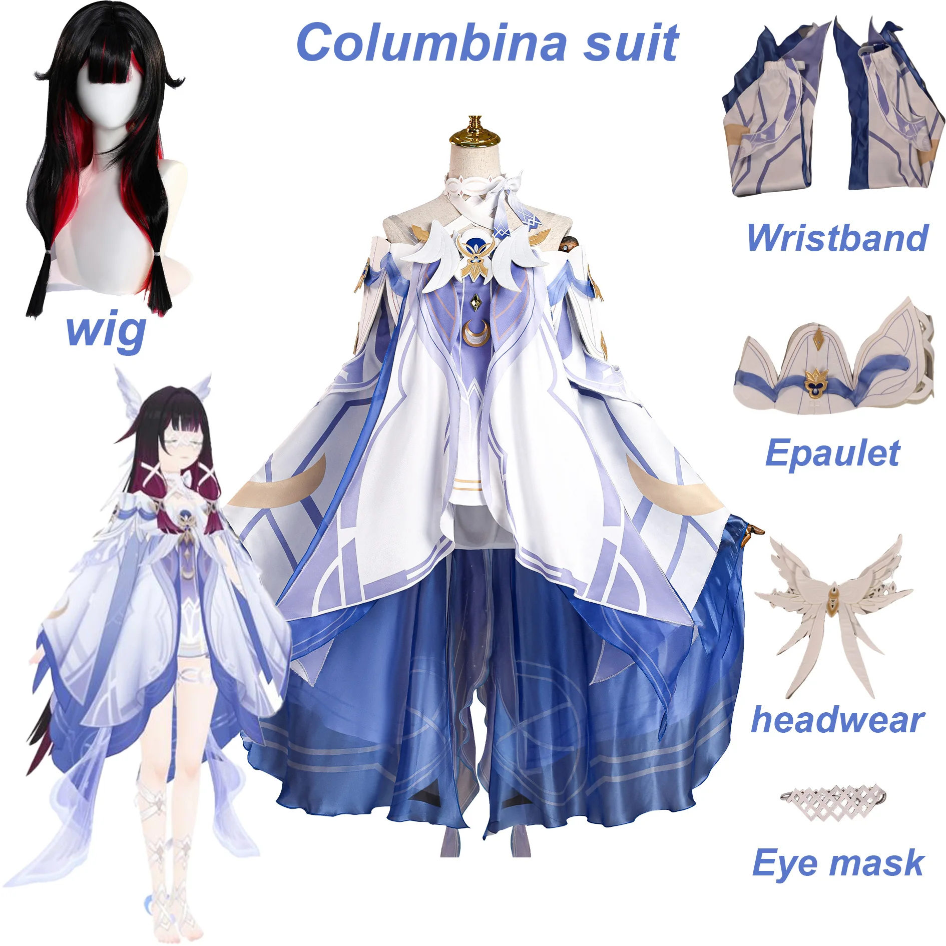 Auf Lager: Genshin Impact Neuerscheinung Damselette Columbina Cosplay-Kostüm Komplettes Set Uniform-Outfits Columbina Cosplay