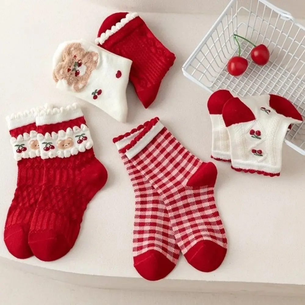 

Cotton Children New Year Socks Cherry Flower Bear Cartoon Bunny Rabbit Kids Hosiery Good Luck Chinese Style Middle Tube Socks