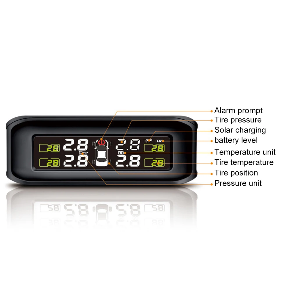 Reifendruck-Alarmsystem, Reifendruckkontrollsystem, kabellose Solarenergie, intelligentes Auto, TPMS, Auto, Sicherheit, digitale Anzeige